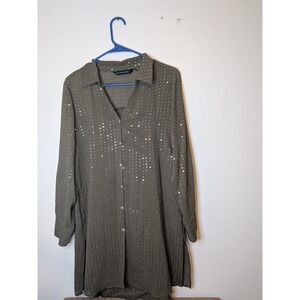 Colleen Lopez Olive Green Sequin Stripe Button Down Tunic Shirt Top Size SP